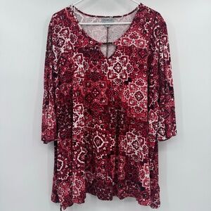 Catherines Top Women 2XWP Red White 3/4 Sleeve Liquid Knit Stretch Keyhole